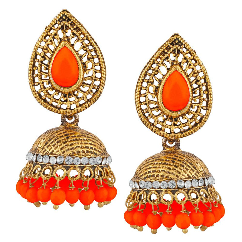 Kriaa Orange Beads And Stone Gold Plated Jhumki Earrings - 1311508J