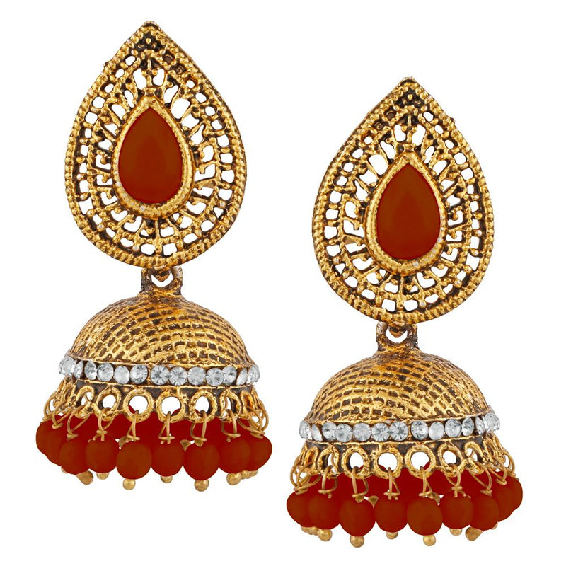 Kriaa Maroon Beads And Stone Gold Plated Jhumki Earrings - 1311508L