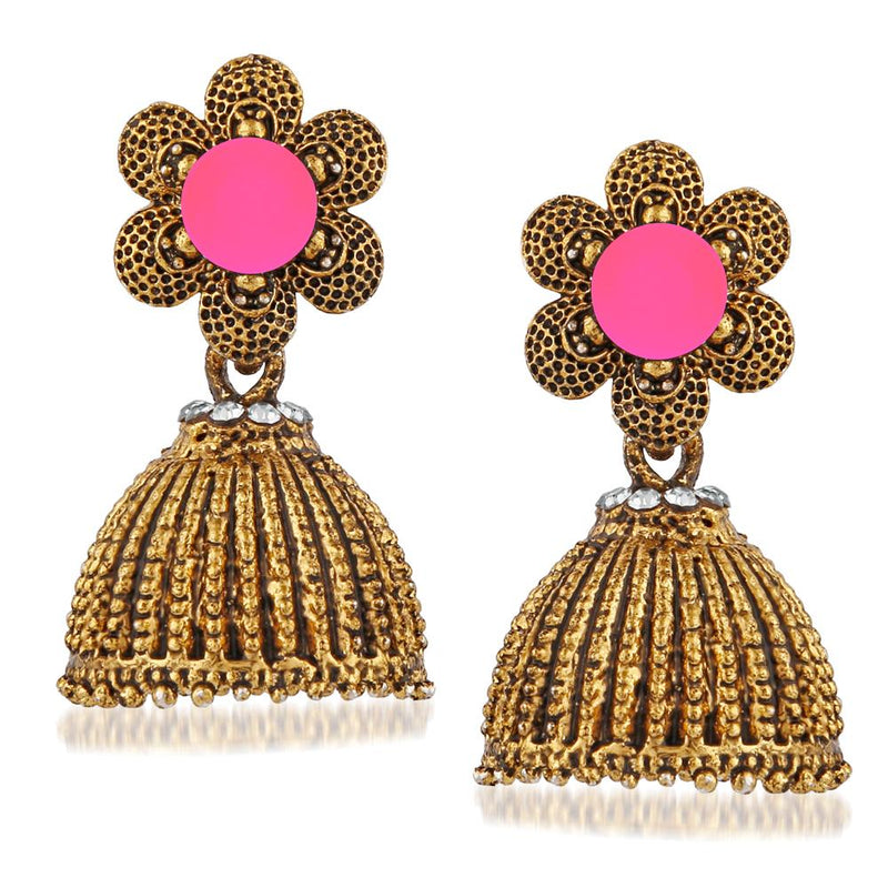 Kriaa Pink Beads And Stone Gold Plated Jhumki Earrings - 1311509C