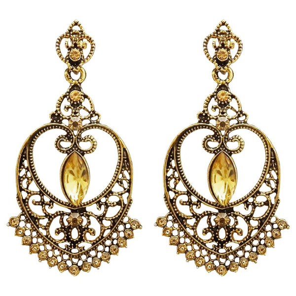 Kriaa Antique Gold Plated Brown Austrian Stone Dangler Earrings - 1312001