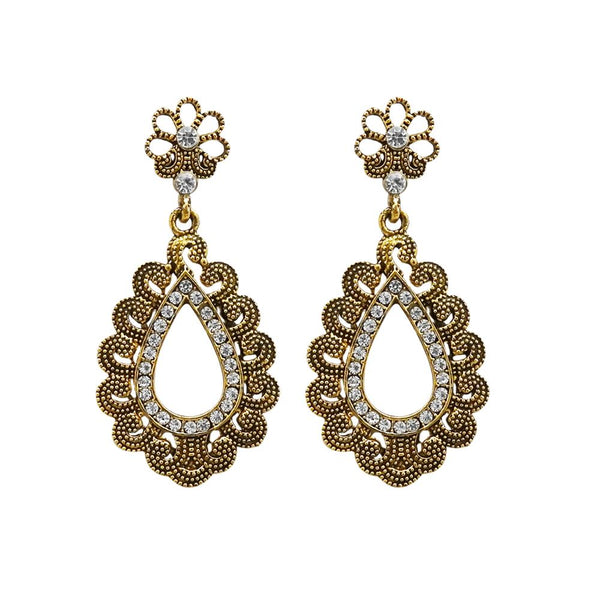 Kriaa Antique Gold Plated White Austrian Stone Dangler Earrings - 1312006