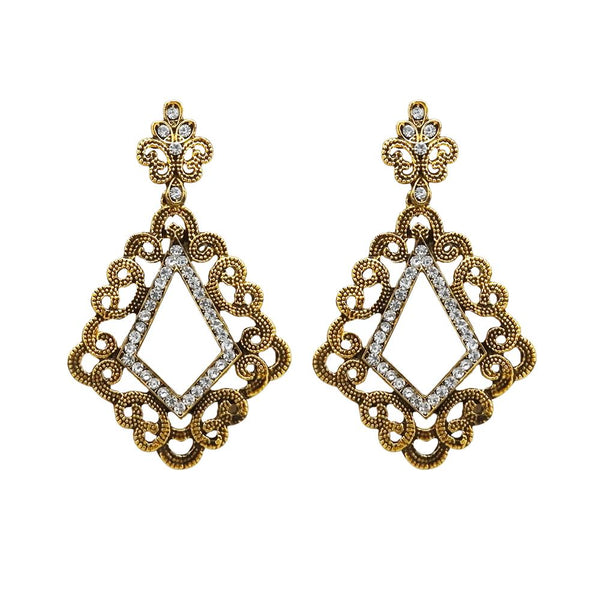 Kriaa Antique Gold Plated White Austrian Stone Dangler Earrings - 1312007