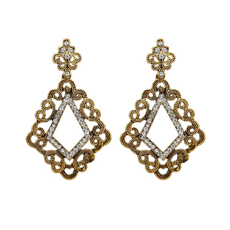 Kriaa Antique Gold Plated White Austrian Stone Dangler Earrings - 1312007