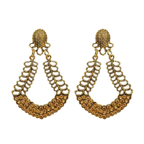 Kriaa Antique Gold Plated Brown Austrian Stone Dangler Earrings - 1312014