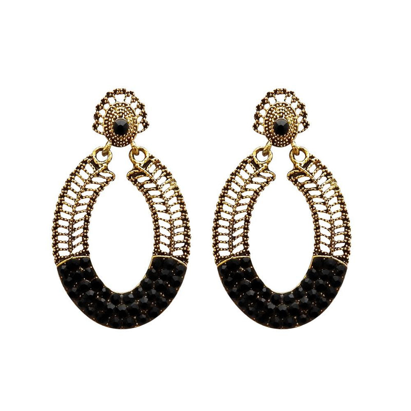 Kriaa Antique Gold Plated Black Austrian Stone Dangler Earrings - 1312016E