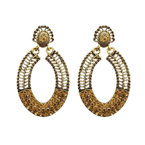 Kriaa Antique Gold Plated Brown Austrian Stone Dangler Earrings - 1312016F