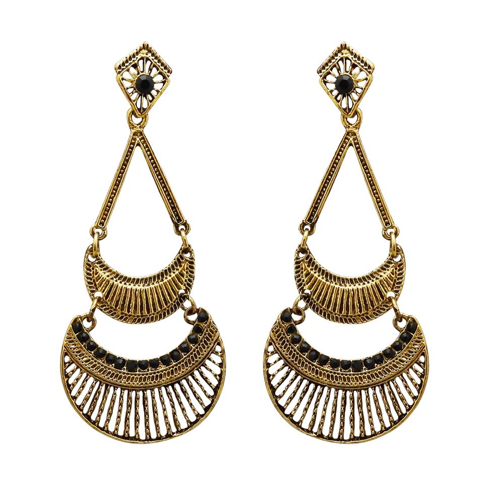 Kriaa Antique Gold Plated Black Austrian Stone Dangler Earrings - 1312017B