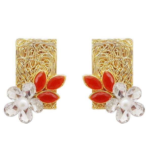 Kriaa Red Resin Stone Gold Plated Floral Dangler Earrings - 1311405G