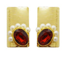 Kriaa Maroon Resin Stone Gold Plated Pearl Dangler Earrings - 1311408I