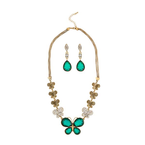Kriaa Antique Gold Plated Green Austrian Stone Necklace Set - 1109001B