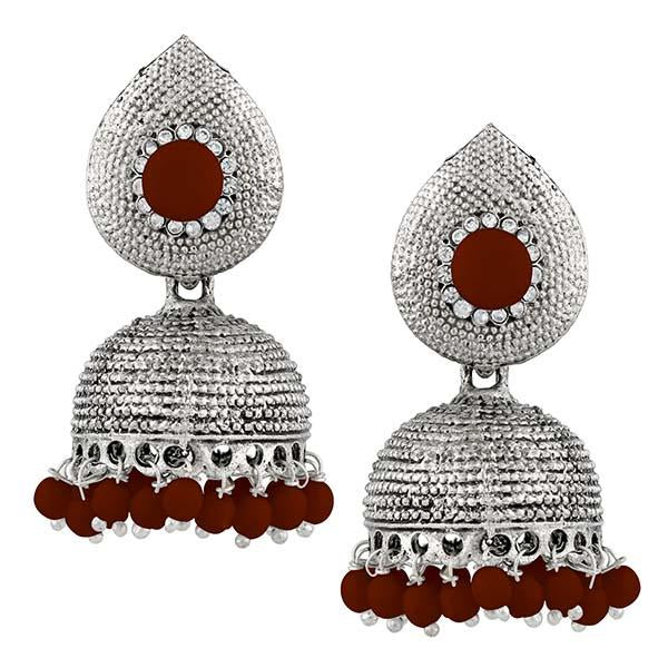 Kriaa Maroon Beads Rhodium Plated Jhumki Earrings - 1311503L