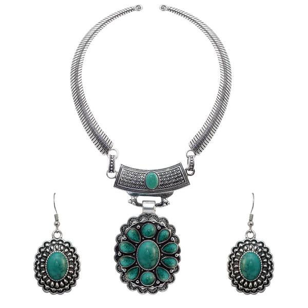 Urthn Turquoise Stone Rhodium Plated Cuff Necklace Set - 1107507B