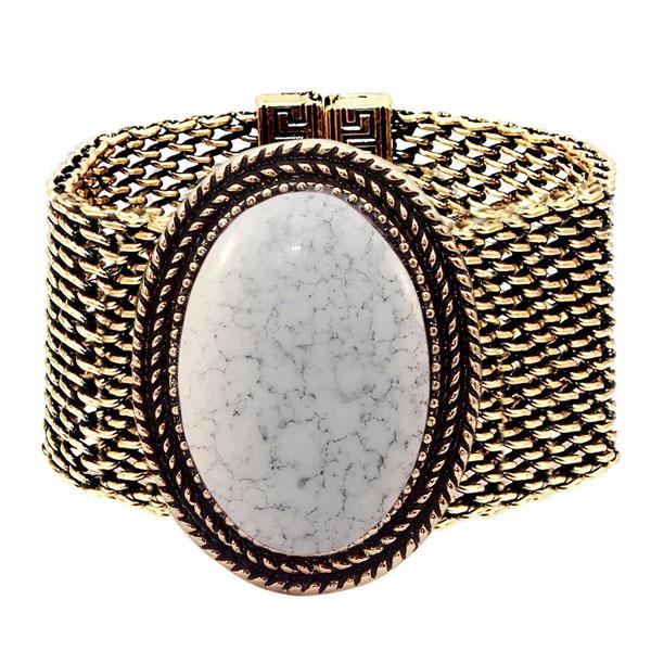 Urthn White Turquoise Texture Stone Antique Gold Bracelet - 1402419B
