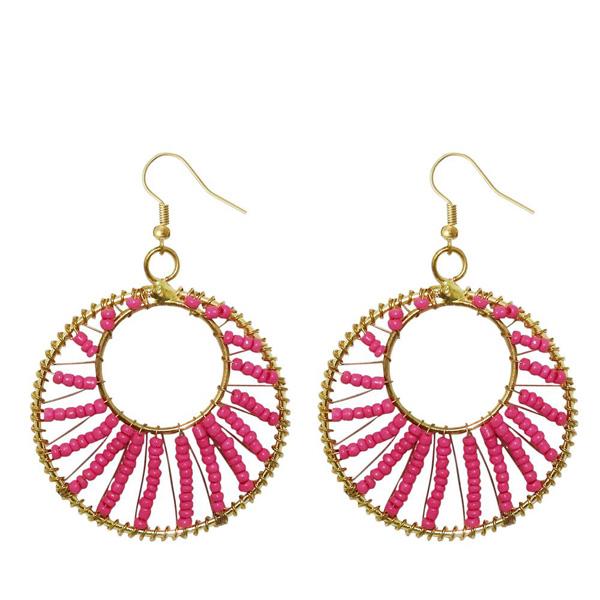 Urthn Pink Beads Gold Plated Round Shaped Dangler Earring - 1309022A