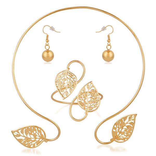 Urthn Gold Plated Leaf Design Cuff Necklace Set With Bracelet - 1110401A