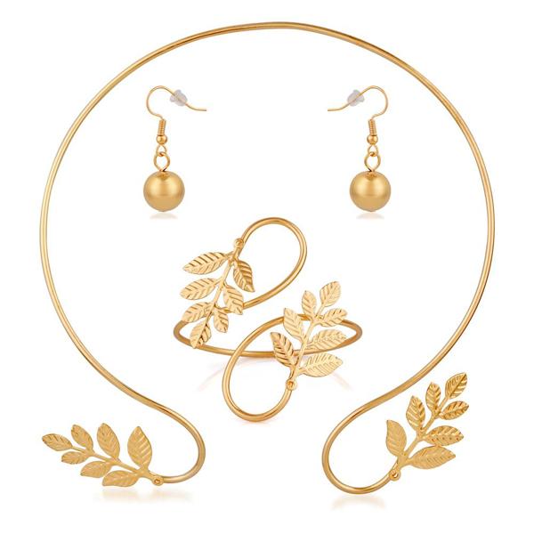 Urthn Gold Plated Leaf Design Cuff Necklace Set With Bracelet - 1110402A