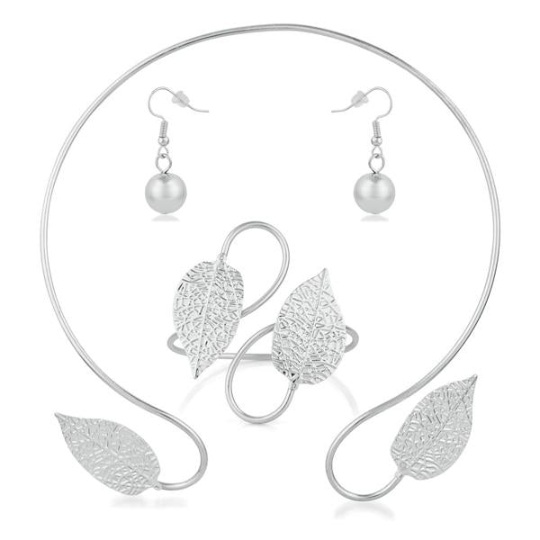 Urthn Leaf Design Silver Plated Cuff Necklace Set With Bracelet - 1110403B