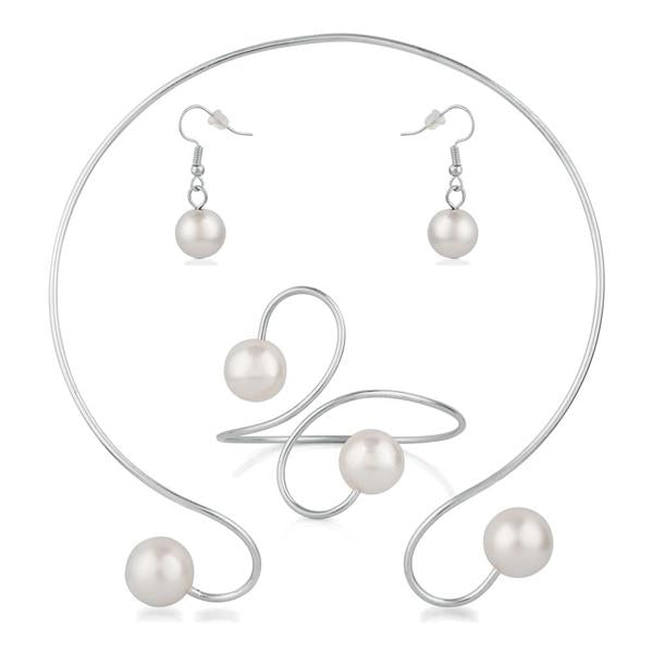 Urthn Silver Plated Pearl Cuff Necklace Set With Bracelet - 1110404B