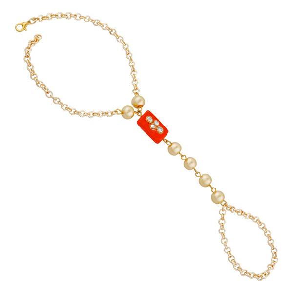 Urthn Red Gold Plated Kundan Pearl Hand Harness - 1502328E