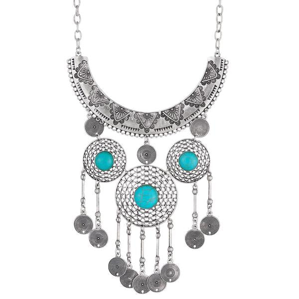 Urthn Blue Turquoise Stone Oxidised Boho Necklace - 1110719