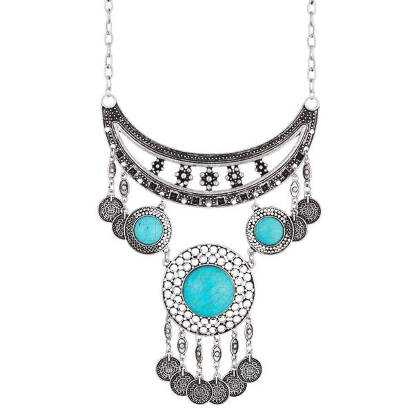 Urthn Oxidised Turquoise Stone Boho Necklace - 1110720