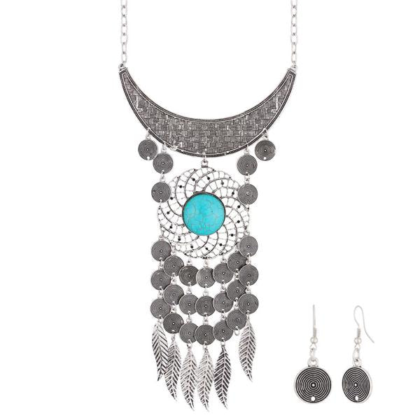 Urthn Turquoise Stone Oxidised Boho Necklace Set - 1110721