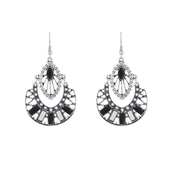 Urthn Rhodium Plated Black Resin Stone Dangler Earrings - 1311802B