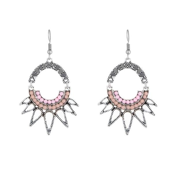 Urthn Rhodium Plated Pink Resin Stone Dangler Earrings - 1311806C