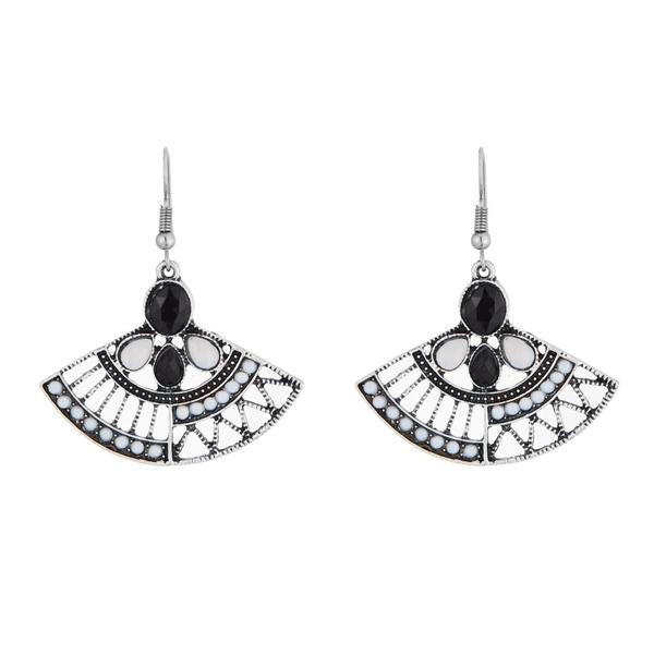 Urthn Black Crystal Stone Rhodium Plated Dangler Earrings - 1311807B