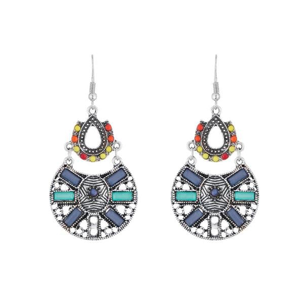 Urthn Blue Resin Stone Rhodium Plated Dangler Earrings - 1311808B