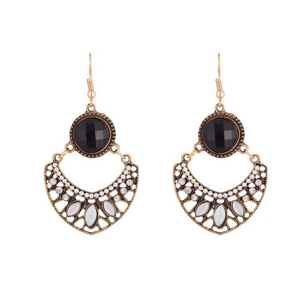 Urthn Black Stone Antique Gold Plated Dangler Earrings - 1311814A