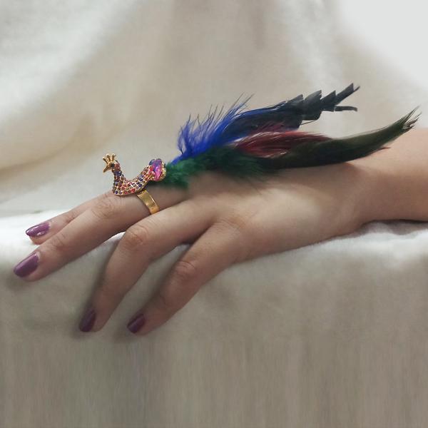 Urthn Multicolor Asutrian Stone Peacock Adjustable Feather Ring - 1501873A