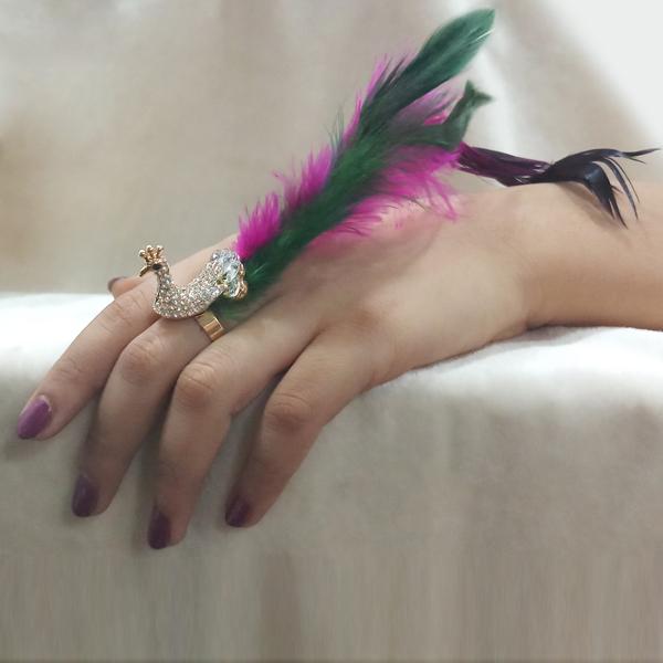 Urthn White Austrian Stone Peacock Adjustable Feather Ring - 1501873C