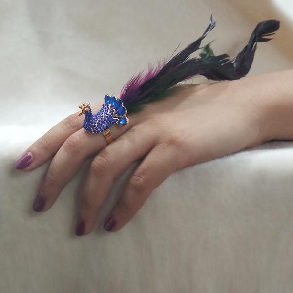 Urthn Blue Austrian Stone Peacock Adjustable Feather Ring - 1501873D