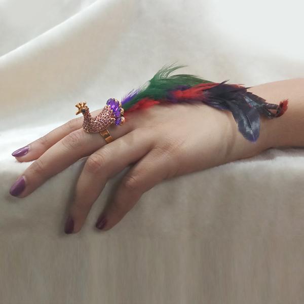 Urthn Purple Austrian Stone Peacock Adjustable Feather Ring - 1501873F