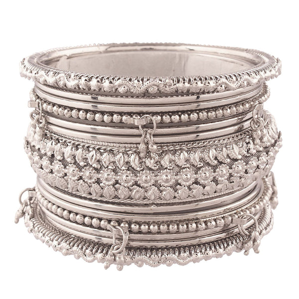 Etnico Traditional Silver Plated Oxidized Bangles Set Jewellery for Women/Girls (ADB153a)