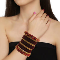 Etnico Gold Plated Traditional Pink Velvet Chuda Bangle Set With Pearl Kada (ADB315Pi-a) (Pack of 1)
