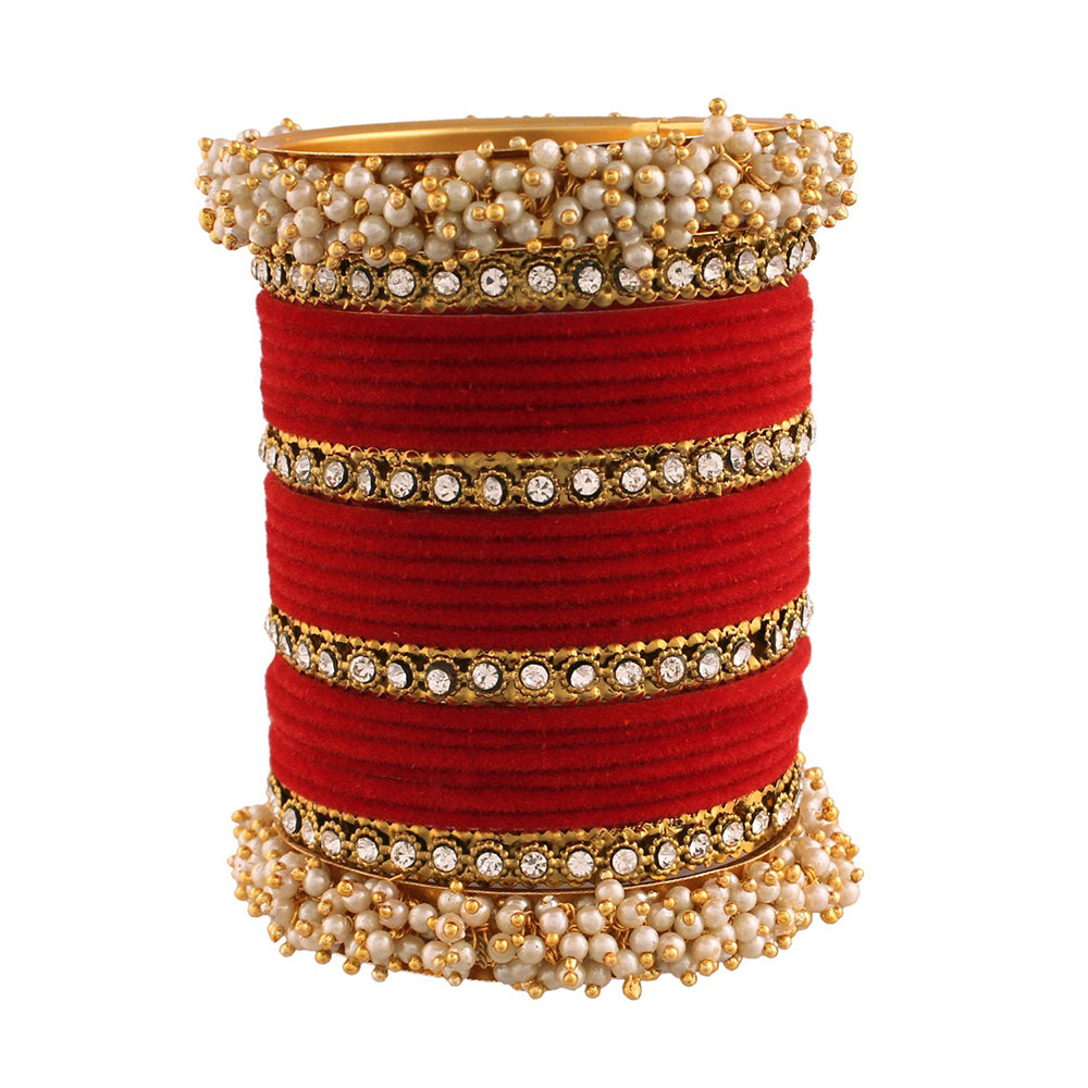 Etnico Gold Plated Traditional Velvet Chuda Bangle Set With Pearl Kada for Women & Girls (ADB316R-a) (Pack of 1) (Red)