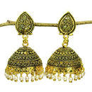 Mahavir Gold Plated & White Beads Jhumiki Earrings