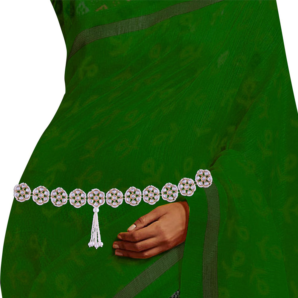 Etnico 18K Gold Plated Traditional Floral Kundan & Pearl Studded Adjustable Kamarband/Belly Chain For Women/Girls (B035W)