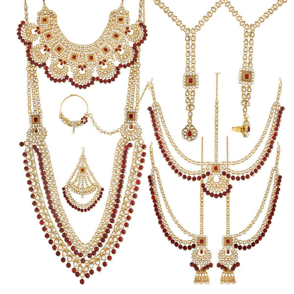 Etnico 18K Gold Plated Traditional Handcrafted Faux Kundan & Ruby Stone Studded Bridal Jewellery Set For Women (BLP026M)