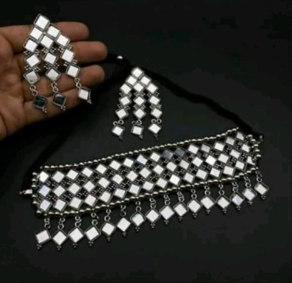 Blythediva Oxidised Mirror Design Pack Of 3 Choker Necklace Set