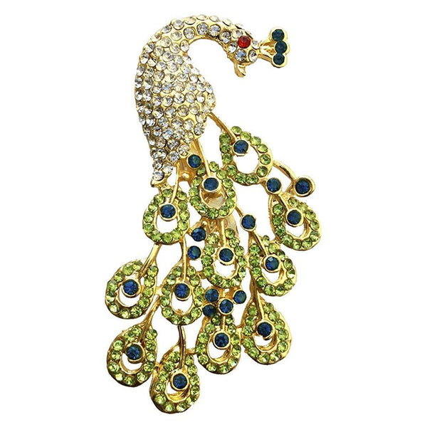Mahi Gold Plated Plated Green Crystal Studed Peacock Brooch For Women