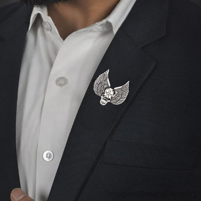 Mahi Rhodium Plated Skull and Wings Shirt Stud Brooch Pin for Men