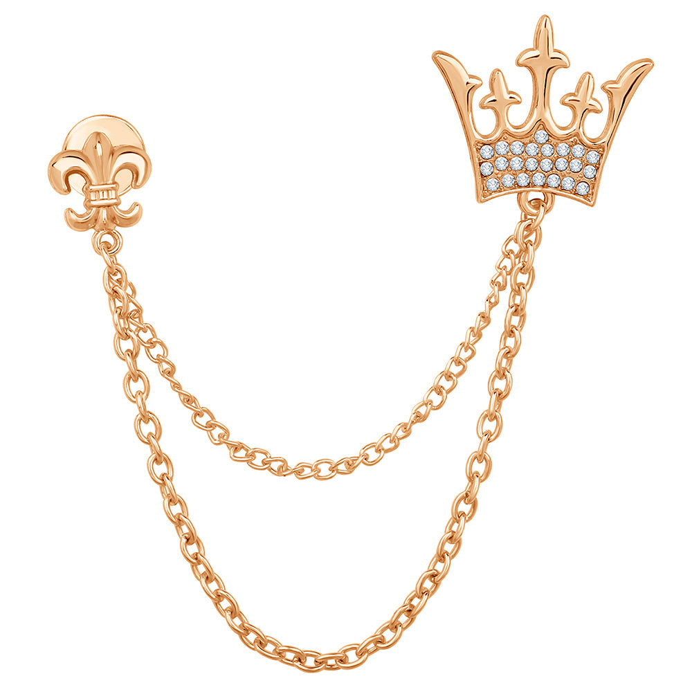 Mahi White Crystals Men's Royal Crown Dual Chain Rosegold Plated Brooch (BP1101053Z)