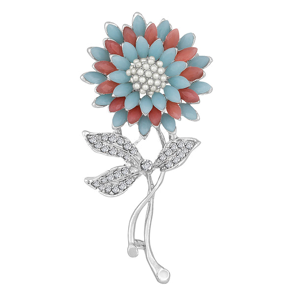 Mahi Blue, Pink, White Crystals and Artificial Pearls Sunflower Brooch / Lapel Pin for Women (BP1101086RBlu)