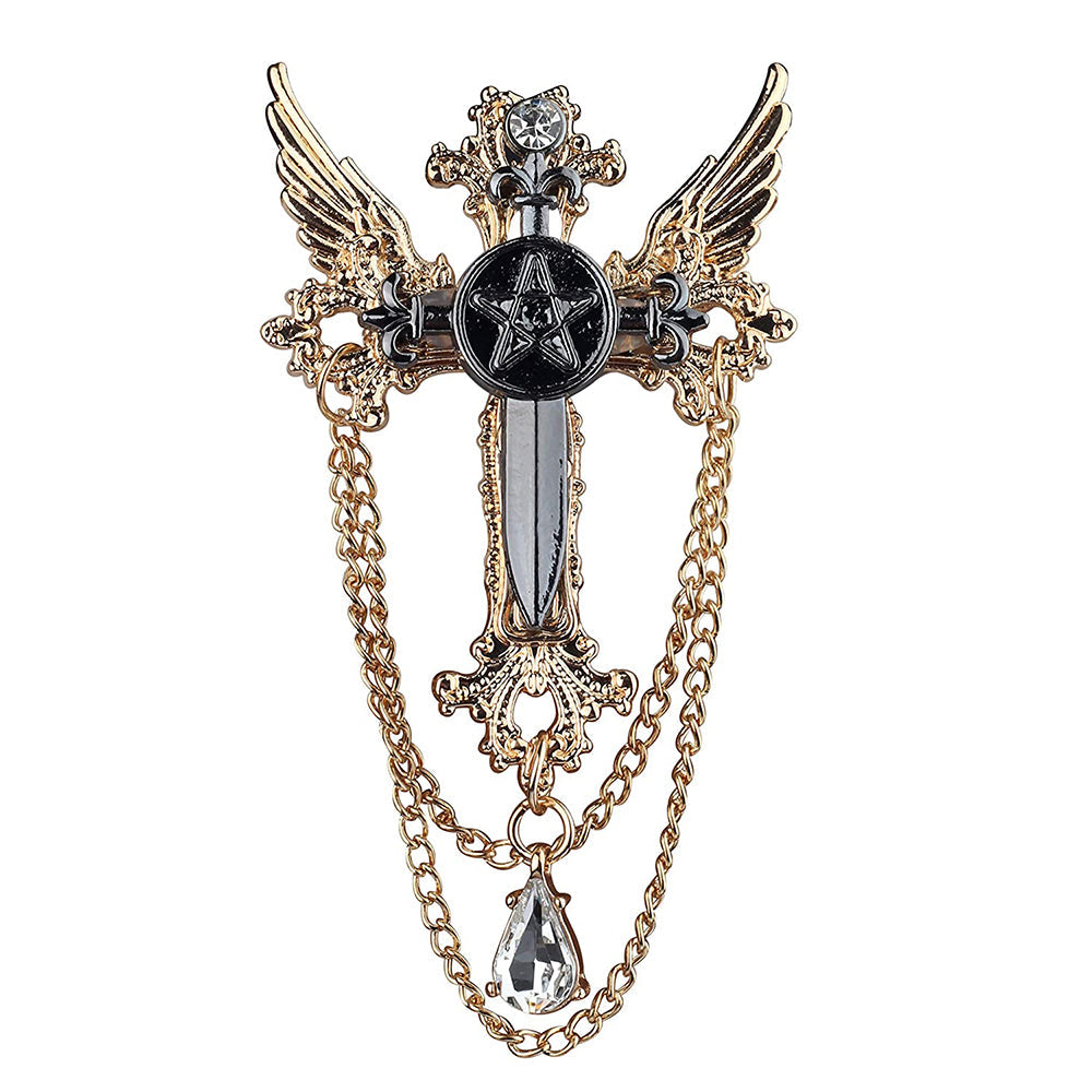 Mahi Black Cross and Wings Hanging Chain Sherwani Brooch with Crystal