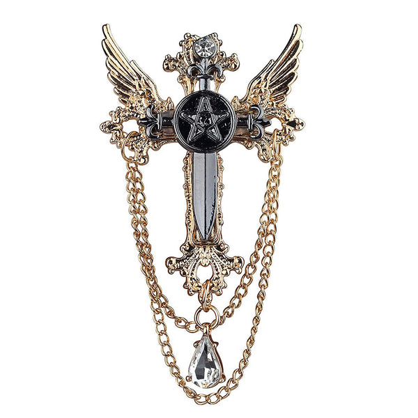Mahi Black Cross and Wings Hanging Chain Sherwani Brooch with Crystal for Men (BP1101088G)