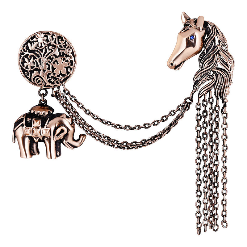 Mahi Antique Rosegold Plated Baby Elaphant and Horse Face Shaped Floral Brooch Pin with Chain for Men (BP1101093Z)