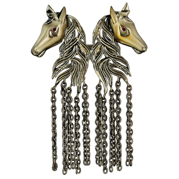 Mahi Antique Gold Plated Dual Horse Shaped Chain Sherwani Brooch for Men (BP1101099G)